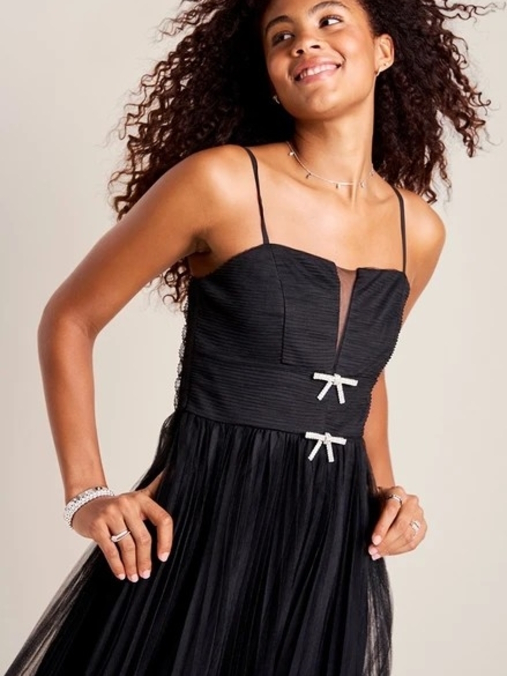 miami Black Spaghetti-Strap Midi Dress with Rhinestone Bow Accents